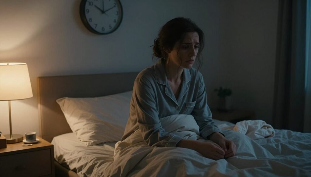 A woman in modest pajamas sits on the edge of her bed in a dimly lit bedroom, her expression reflecting anxiety and stress. She has dark hair in a loose bun, her hands fidgeting with the blanket. The room is softly illuminated by a bedside lamp emitting a warm glow, casting shadows that enhance the sense of tension in the atmosphere. In the background, an unmade bed and scattered pillows suggest restlessness, and a clock on the wall shows a late hour. The walls are painted in calming tones, yet the overall feeling is one of unease, highlighting the struggle to sleep. The camera angle is slightly elevated, capturing her seated posture and the clutter around her, evoking the complexities of sleeplessness caused by anxiety.