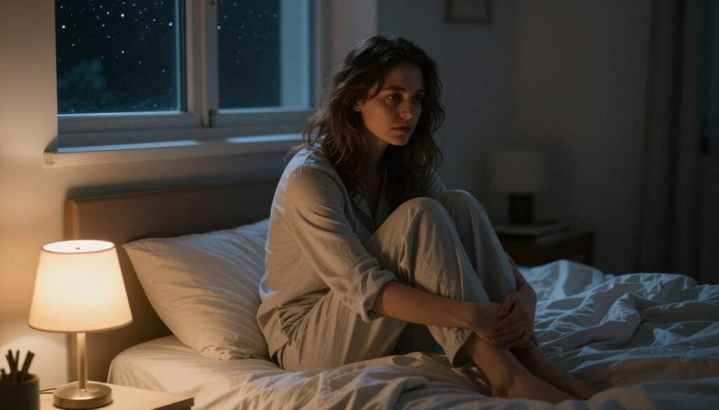 A woman with insomnia sitting on the edge of her bed at night, looking contemplative and weary. She is wearing comfortable, modest pajamas, her hair slightly disheveled, reflecting a sense of restless nights. In the foreground, the soft glow of a bedside lamp casts warm light, creating shadows that emphasize her tired expression. The middle ground features a neatly made bed, with rumpled sheets indicating a recent struggle to sleep. In the background, a window reveals a starry night sky, adding to the atmosphere of solitude and contemplation. The image conveys a mood of peaceful yet palpable anxiety, highlighting the overwhelming feeling of insomnia in a relatable manner.
