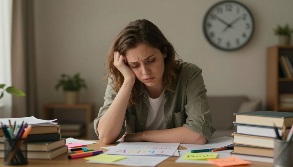 A young adult sitting at a cluttered desk, visibly overwhelmed, surrounded by scattered papers and books, conveying a sense of frustration and anxiety. The foreground features the individual, a woman in modest casual clothing, with a thoughtful expression, resting her head on one hand, reflecting a struggle with focus. In the middle, chaotic notes and colorful markers are scattered around, illustrating the challenges of ADHD. The background shows a clock with fast-moving hands, symbolizing time pressure and urgency, against a softly blurred room with warm lighting that enhances a mix of tension and hope. The overall mood combines intensity and vulnerability, capturing the cyclical nature of anxiety and ADHD. A young adult sitting at a cluttered desk, visibly overwhelmed, surrounded by scattered papers and books, conveying a sense of frustration and anxiety. The foreground features the individual, a woman in modest casual clothing, with a thoughtful expression, resting her head on one hand, reflecting a struggle with focus. In the middle, chaotic notes and colorful markers are scattered around, illustrating the challenges of ADHD. The background shows a clock with fast-moving hands, symbolizing time pressure and urgency, against a softly blurred room with warm lighting that enhances a mix of tension and hope. The overall mood combines intensity and vulnerability, capturing the cyclical nature of anxiety and ADHD.