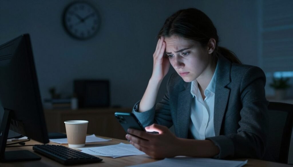 A young adult sitting at a desk, staring intently at a smartphone with a distressed expression, representing the concept of nomophobia. In the foreground, show the phone illuminated by a soft, bluish light, reflecting off the person's face, highlighting their anxiety. In the middle, a cluttered desk with notes and an empty coffee cup conveys a chaotic environment, symbolizing distraction and obsession. In the background, a dimly lit room with a clock showing late hours emphasizes the late-night usage of devices. The scene captures a tense atmosphere with shadows and highlights, using dramatic lighting to enhance the mood. The individual should be dressed in a professional, modest outfit, avoiding any distracting elements to maintain focus on their emotional struggle. A young adult sitting at a desk, staring intently at a smartphone with a distressed expression, representing the concept of nomophobia. In the foreground, show the phone illuminated by a soft, bluish light, reflecting off the person's face, highlighting their anxiety. In the middle, a cluttered desk with notes and an empty coffee cup conveys a chaotic environment, symbolizing distraction and obsession. In the background, a dimly lit room with a clock showing late hours emphasizes the late-night usage of devices. The scene captures a tense atmosphere with shadows and highlights, using dramatic lighting to enhance the mood. The individual should be dressed in a professional, modest outfit, avoiding any distracting elements to maintain focus on their emotional struggle.