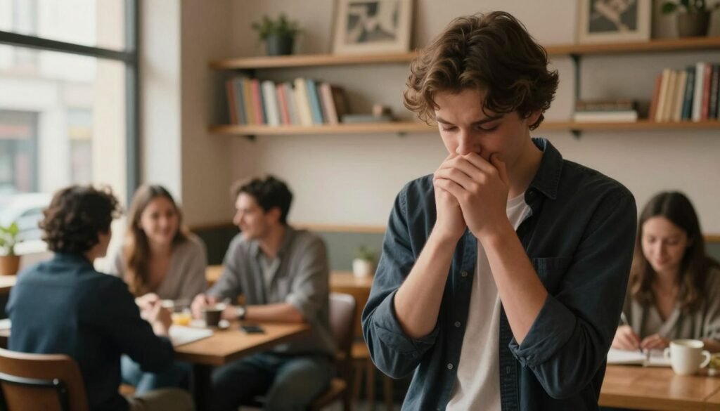 A young adult stands in a softly lit, cozy café, embodying timidez. The foreground features a person with downcast eyes, fidgeting with hands, dressed in smart casual attire, conveying a sense of discomfort. In the middle ground, a few patrons sit at tables, engaged in conversation, their laughter contrasting the subject’s reserved demeanor. The background showcases a warm, inviting ambiance with shelves filled with books and art, while gentle sunlight filters through large windows, creating a tranquil atmosphere. The focus is on the figure’s expression, emphasizing feelings of unease and introspection, with a shallow depth of field highlighting their isolation amidst the social environment.