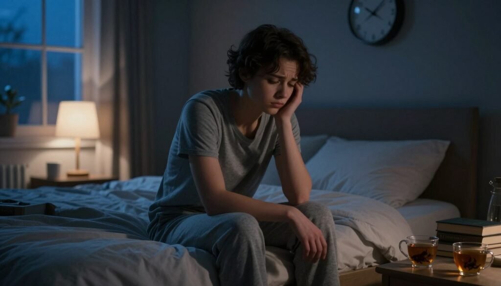 A young adult, wearing comfortable yet modest loungewear, sits on the edge of a bed in a dimly lit bedroom, their expression a mix of frustration and exhaustion. The room is softly illuminated by a bedside lamp, casting gentle, warm light that contrasts with the deep blue twilight visible through a window. In the background, a clock on the wall shows late hours, hinting at the struggle against insomnia. The bedding is unmade, pillows slightly askew, and a few books and herbal teas are scattered nearby, symbolizing attempts to find relief. The overall mood is one of quiet desperation, highlighting the emotional weight of sleeplessness and the longing for rest.