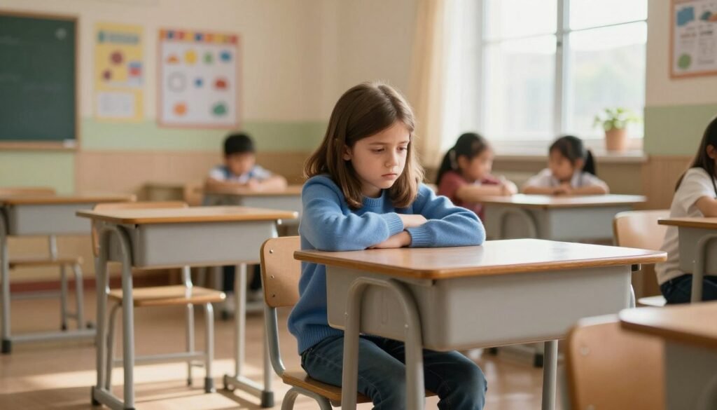 A young child, around 10 years old, sitting alone at a school desk in a classroom. The child, a girl with brown hair, looks anxious and withdrawn, her body language closed off, staring at the floor. Dressed in a simple blue sweater and jeans, she appears isolated. Surrounding her are empty desks in a softly lit room, with sunlight streaming through a window, creating a warm yet melancholic atmosphere. The classroom walls are painted in soft pastels, decorated with educational posters. In the background, faint silhouettes of other children can be seen engaged in group activities, emphasizing her sense of loneliness. The overall mood is somber but compassionate, capturing the essence of social anxiety in a school setting.