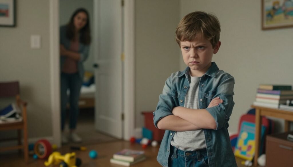 A young child, around eight years old, exhibiting a defiant expression, stands in a subtly chaotic room that reflects a struggle with authority and emotions. The foreground features the child, wearing a casual shirt and jeans, arms crossed defiantly. In the middle ground, scattered toys and books suggest a lack of focus and organization, illustrating the challenges associated with behavioral issues. The background shows a blurred glimpse of a caring parent observing from a doorway, conveying concern and support. Soft, diffused lighting creates a warm yet serious atmosphere, emphasizing the complexity of the child’s feelings. The lens captures this moment from a slightly low angle to highlight the child's perspective, inviting viewers to connect with the emotional depth of the situation without any distractions or text.