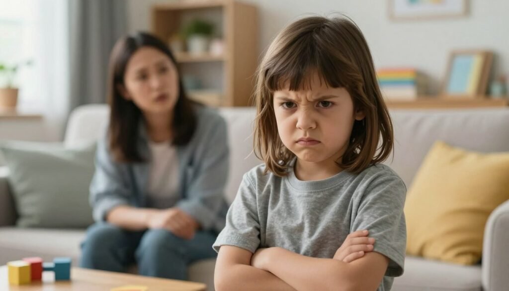 A young child in a cozy, brightly lit living room, displaying a defiant expression while crossing their arms, embodying the essence of Oppositional Defiant Disorder (ODD). In the foreground, focus on the child's facial features to capture a mix of frustration and stubbornness, wearing casual, comfortable clothing. In the middle ground, we see a parent looking concerned, conveying a sense of misunderstanding and worry. The background features a tidy, colorful room with toys and books, adding warmth to the setting. Soft natural light filters through a window, creating a gentle and inviting atmosphere. The overall mood is tense yet relatable, illustrating the complexities of childhood behavior struggles without any captions or distractions.