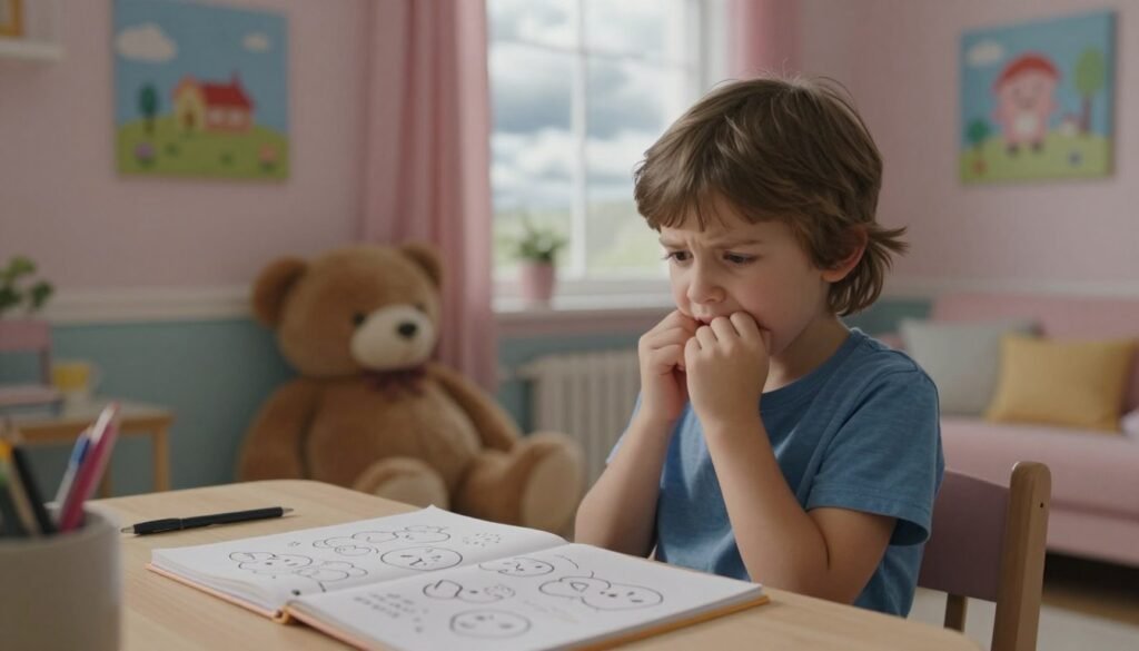 A young child sitting at a small desk in a cozy, softly lit room, looking worried with furrowed brows and biting their nails. In the foreground, a sketchbook filled with doodles of storm clouds and frowning faces illustrates the child's anxious thoughts. In the middle ground, a stuffed animal hugs the child, symbolizing comfort but also depicting the child's inner turmoil. The room is adorned with calming pastel colors, decorated with paintings of happy scenes, creating a juxtaposition against the child's expression. A window in the background shows a cloudy sky, enhancing the mood of uncertainty. Use soft, diffused lighting to convey a warm yet somber atmosphere, capturing the essence of childhood anxiety. Lens focus should be on the child's expression, with a shallow depth of field to gently blur the surroundings, emphasizing the emotional state.