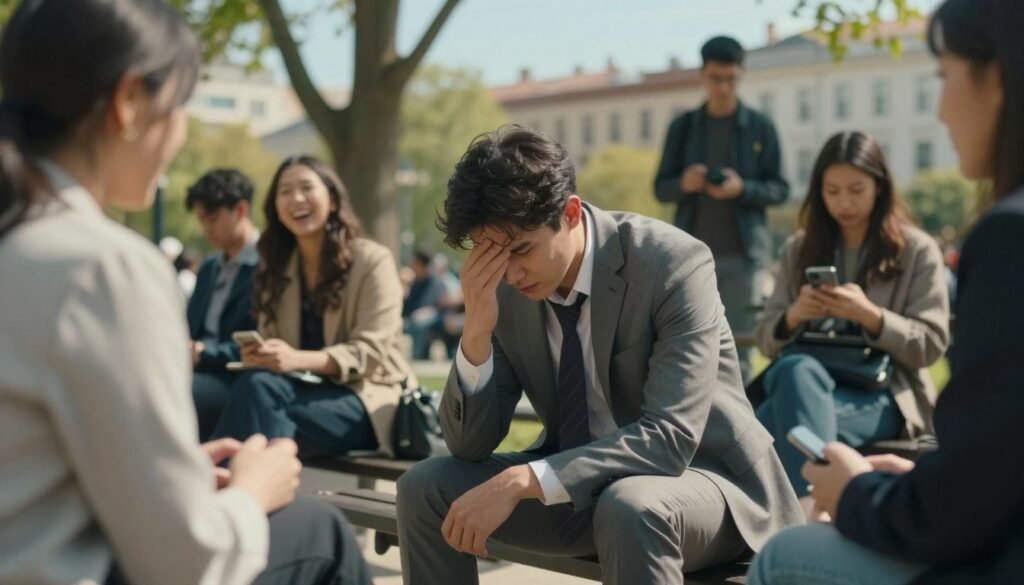A young professional man in modest business attire, sitting on a park bench in a bustling urban environment, exhibiting signs of social anxiety. His body language reflects tension: his hands fidgeting, eyes cast downward, and posture slightly hunched. In the foreground, a few passersby engage in conversation, creating a lively atmosphere that contrasts with his discomfort. The middle ground features a variety of people enjoying the space—some with laughter, others absorbed in their phones. The background showcases a bright, sunny day, with trees and buildings under a clear blue sky, creating a warm yet overwhelming ambiance. The lighting is soft and natural, with a shallow depth of field focusing on the man, emphasizing his isolation amidst the crowd. The overall mood captures the struggle of managing anxiety in a public setting.