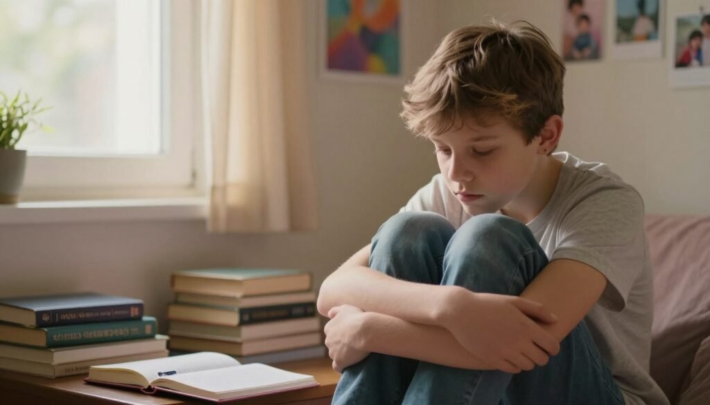 A young teenager sitting in a cozy, softly lit room, depicting a scene of introspection. The foreground features the teenager, dressed in comfortable, modest clothing, with a thoughtful expression, hugging their knees to their chest. In the middle, a warm light filters through a partially open window, casting gentle shadows that enhance the mood of vulnerability and contemplation. Books and a journal are strewn about, hinting at their struggles and creativity. In the background, a wall is adorned with calming art and photographs, creating a supportive atmosphere. The overall color palette is warm with soft pastels, conveying a sense of hope amidst turmoil, with an intimate focus that emphasizes the importance of mental health awareness.