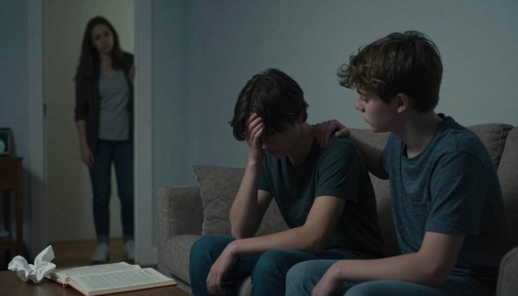 Adolescents facing depression in a dimly lit room, capturing a moment of vulnerability. In the foreground, two teens sit together on a couch, one with downcast eyes, the other offering a supportive hand on their shoulder. Their clothing is modest casual, conveying a sense of relatability. The middle layer includes soft, muted colors like blues and grays to reflect the somber mood, with crumpled tissues and an open self-help book on a small table nearby. In the background, a worried parent peeks through a doorway, their expression filled with concern. The overall lighting is soft, with shadows creating a poignant atmosphere, and the angle is slightly down, emphasizing the heaviness of the moment while still suggesting hope.