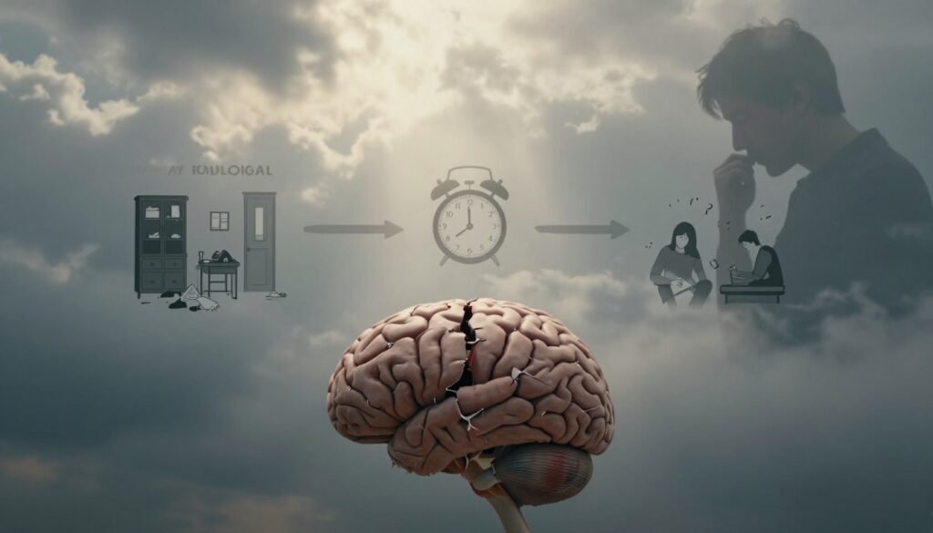 An abstract representation of the causes of Obsessive-Compulsive Disorder (OCD), focusing on three main themes: biological, environmental, and psychological influences. In the foreground, a cracked brain with interconnected neural pathways, symbolizing biological factors, surrounded by shadows depicting stress and anxiety. In the middle, illustrations of everyday life scenarios—like cluttered rooms, a ticking clock, and repetitive actions—representing environmental triggers. The background features a cloudy sky with a faint silhouette of a person deep in thought, expressing the psychological struggles associated with OCD. Soft, diffused sunlight breaks through the clouds, creating a contrast between hope and turmoil. The atmosphere should feel introspective, emphasizing the complexity of OCD, with a slight fog enhancing the mood of contemplation. No text or additional markings are included.