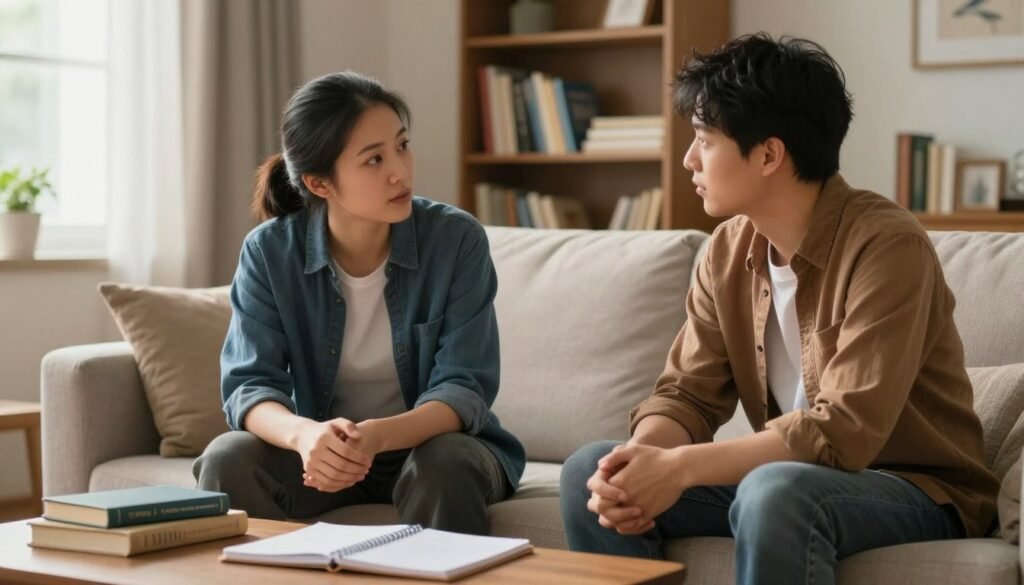 An adult man and woman sitting in a cozy, well-lit living room, engaged in a focused conversation about autism. The foreground features the two individuals dressed in smart-casual attire, showing expressions of understanding and empathy. The middle ground contains a soft sofa with a couple of books and a notebook on the coffee table, symbolizing awareness and communication. In the background, a bookshelf filled with psychology and self-help books adds depth, while a warm, diffused light from a nearby window creates a calm and inviting atmosphere. The overall mood reflects a sense of support, awareness, and insightful discussion on recognizing autism in adulthood.