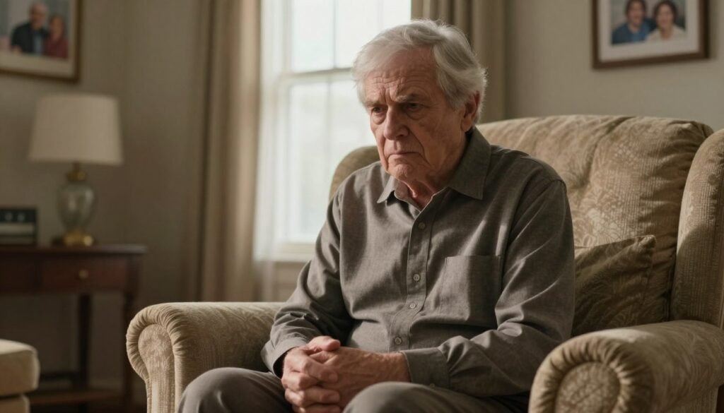 An elderly person in their late 70s, sitting on a comfortable armchair in a softly lit living room, expressing anxiety through their facial expression and body language. Their brows are furrowed, and their hands are clasped tightly in their lap. The room is warm, with natural light pouring in from a window in the background, casting gentle shadows. Family photos adorn the walls, enhancing a sense of nostalgia. The elderly individual is dressed in modest, comfortable clothing, conveying professionalism without being overly formal. The atmosphere is intimate and contemplative, emphasizing the emotional weight of anxiety in later life. A slight depth of field blurs the background, ensuring the focus is on the subject's expressive and anxious features.