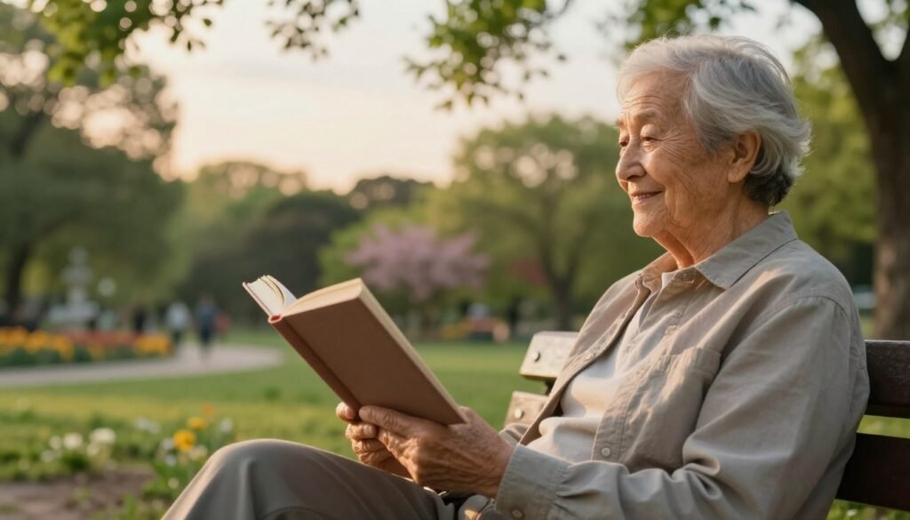An elderly person sitting on a park bench, enjoying nature while reading a book. The foreground features a close-up of their hands, showing age lines and gentle wrinkles, holding the book with a content expression on their face. In the middle, the scene captures a vibrant park filled with green trees and blooming flowers, symbolizing active aging. The background includes a soft-lit sky during golden hour, providing a warm and inviting glow. The elderly individual is dressed in modest, casual clothing, portraying a sense of peace and tranquility. The overall mood is uplifting and serene, emphasizing the importance of mental health in aging. The perspective is slightly elevated to capture both the person and the beautiful surroundings, creating a harmonious balance between them.