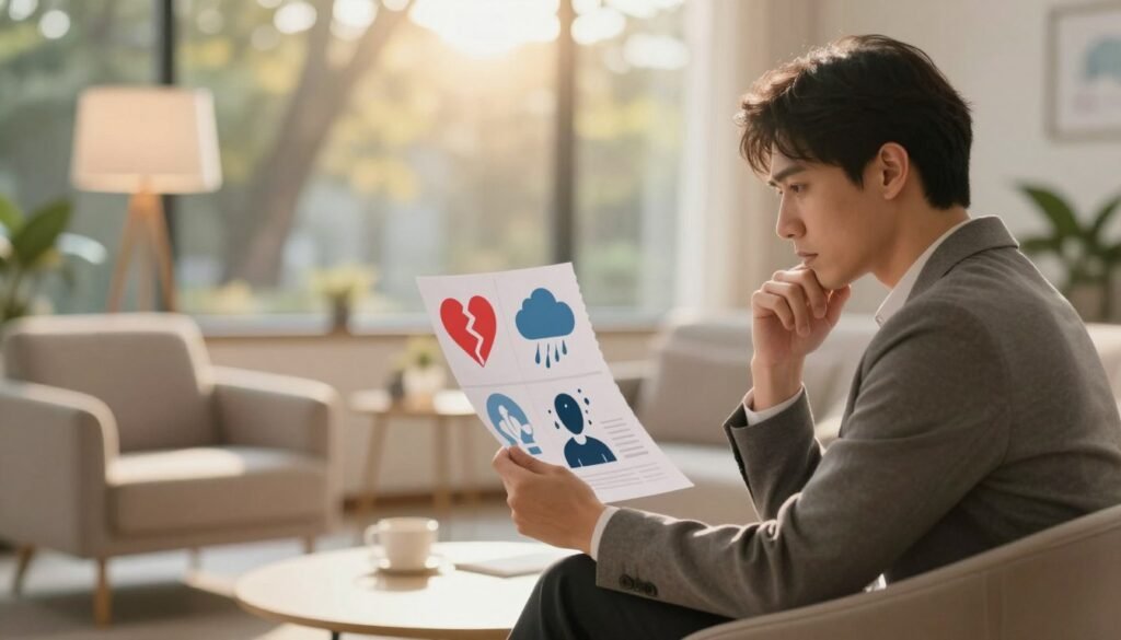 An emotional and inviting depiction of mental health warning signs. In the foreground, a thoughtful professional wearing smart casual attire is examining a series of fragmented, abstract icons representing various mental health alerts, like a broken heart, a cloud with rain, and an anxious figure. The middle ground features a calming, warm-toned space with comfortable chairs and soft lighting, suggesting an inviting atmosphere for therapy. In the background, blurred images of nature, like trees and sunlight filtering through leaves, enhance the feeling of serenity and hope. The scene is captured with soft focus, highlighting the subject subtly while maintaining an uplifting, encouraging mood that emphasizes the importance of seeking help.