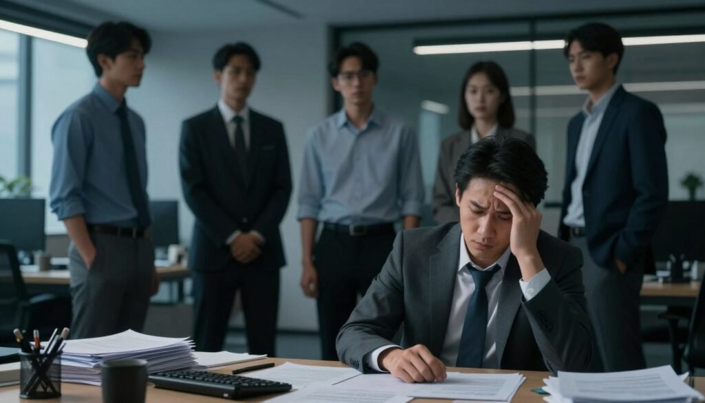 An emotional landscape depicting the consequences of low emotional intelligence. In the foreground, a business professional in modest attire appears frustrated and overwhelmed, sitting at a cluttered desk with papers scattered around, indicating disorganization. In the middle ground, a small group of colleagues stands nearby, appearing distant and disconnected, showcasing a lack of communication and support. The background features a dimly lit office with a cold color palette, enhancing the mood of isolation and stress. Soft overhead lighting casts shadows, emphasizing the professional’s furrowed brow and the tense atmosphere. The overall scene conveys feelings of frustration, disconnection, and the adverse effects of poor emotional intelligence in a workplace environment.