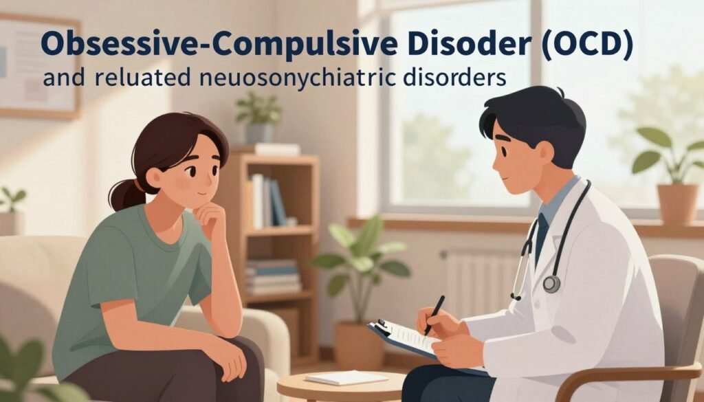 An illustration depicting “Obsessive-Compulsive Disorder (OCD) and related neuropsychiatric disorders” in a clinical setting. In the foreground, a focused therapist, dressed in professional attire, engages with a patient in a comforting, well-lit therapy room. The patient, a young adult, exhibits a thoughtful expression, symbolizing introspection about their experiences. In the middle ground, a soft-focus bookshelf filled with mental health resources and a potted plant add a warm touch, indicating a calming environment. The background features a large window with natural light filtering through, casting gentle shadows that enhance the atmosphere. The overall mood is serene and supportive, emphasizing the journey of understanding neuropsychiatric conditions with professionalism and empathy.