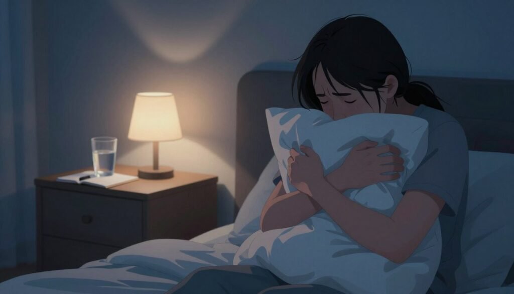 An illustration depicting the signs of nighttime anxiety and physical symptoms. In the foreground, a person sitting on a bed with a distressed expression, clutching their pillow. Their body language shows tension and unease. In the middle ground, a soft nightstand lamp casts a warm glow, highlighting a glass of water and an open notepad with writing on it. The background features a dimly lit bedroom with soft shadows, creating an atmosphere of tranquility disrupted by anxiety. The lighting should be soft and calming, with a focus on blues and muted colors to evoke a nighttime setting. The overall mood should convey tension intermingled with the comfort of a familiar space.