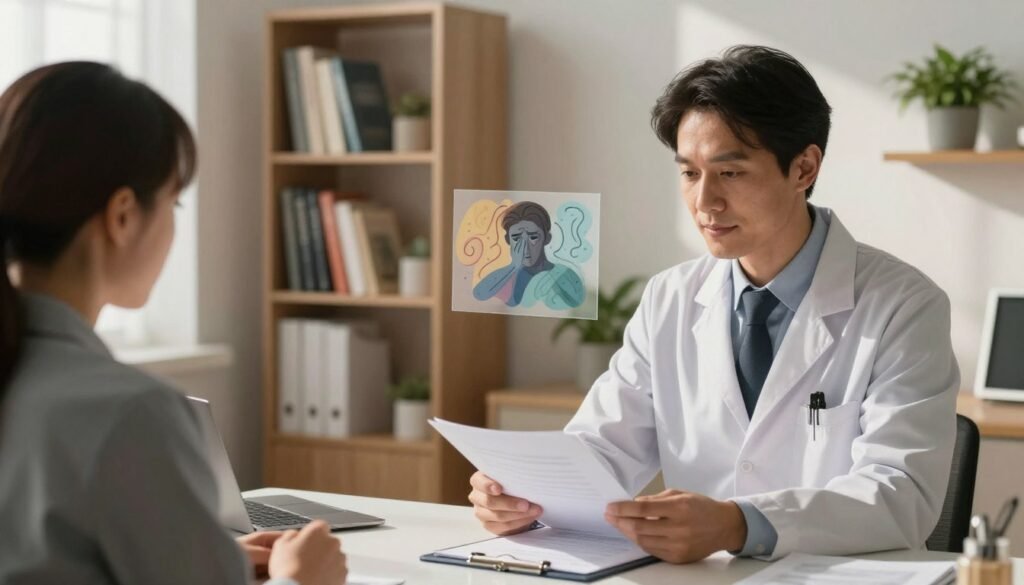 An image depicting a psychiatrist's office, focusing on the theme of mental disorders treated by psychiatrists. In the foreground, a calm and professional psychiatrist in business attire, with a compassionate expression, is seated at a desk, reviewing patient files. The middle layer features abstract representations of various mental health disorders, such as anxiety and depression, illustrated through soft, swirling colors and shapes that convey emotions. In the background, a bookshelf filled with mental health literature and a potted plant adds warmth to the environment. Natural light filters through a window, casting gentle shadows, creating a serene and inviting atmosphere. The overall mood is supportive and reassuring, emphasizing the importance of mental health treatment.