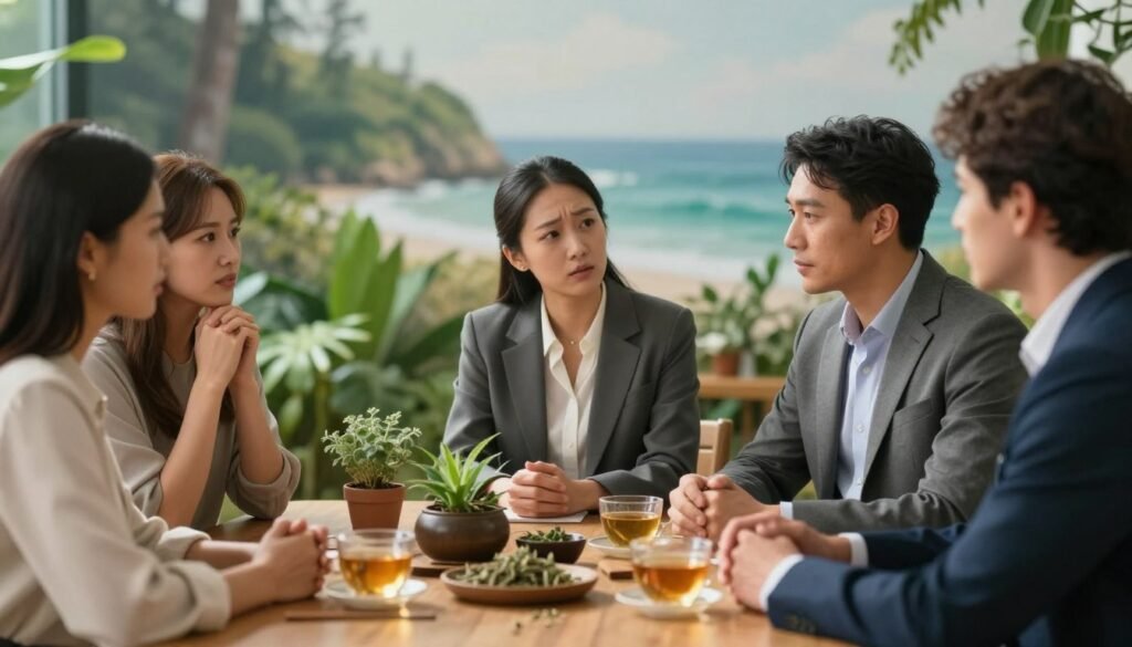 An informative and visually engaging composition depicting myths and truths about natural anxiety treatments. In the foreground, a diverse group of three individuals, a woman and two men, are engaged in a thoughtful discussion, dressed in professional attire that reflects a sense of trust and professionalism. The middle ground features an organic setting with herbal plants, calming teas, and mindfulness tools laid out on a wooden table, symbolizing natural remedies. In the background, soft, blurred images of tranquil landscapes, like a serene forest or soothing ocean waves, evoke a peaceful atmosphere. Use soft, natural lighting to create a warm and inviting ambiance, with a shallow depth of field focusing on the subjects while gently blurring the background. The overall mood should be reassuring and enlightening, fostering a sense of hope and clarity regarding anxiety management. An informative and visually engaging composition depicting myths and truths about natural anxiety treatments. In the foreground, a diverse group of three individuals, a woman and two men, are engaged in a thoughtful discussion, dressed in professional attire that reflects a sense of trust and professionalism. The middle ground features an organic setting with herbal plants, calming teas, and mindfulness tools laid out on a wooden table, symbolizing natural remedies. In the background, soft, blurred images of tranquil landscapes, like a serene forest or soothing ocean waves, evoke a peaceful atmosphere. Use soft, natural lighting to create a warm and inviting ambiance, with a shallow depth of field focusing on the subjects while gently blurring the background. The overall mood should be reassuring and enlightening, fostering a sense of hope and clarity regarding anxiety management.