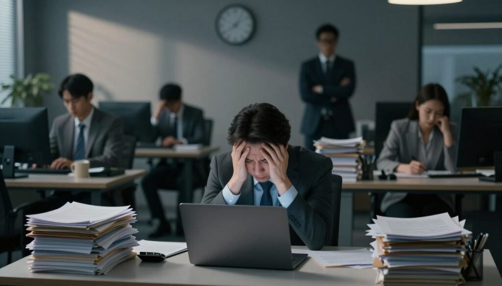 An office environment depicting symptoms of burnout and emotional exhaustion. In the foreground, a stressed professional in business attire sits at a cluttered desk, head in hands, surrounded by stacks of paperwork and an open laptop. The middle layer shows a dimly lit office with a clock indicating late hours, conveying the feeling of overwork. Soft, ambient lighting creates a somber atmosphere, casting long shadows across the room. In the background, blurred images of colleagues working tirelessly, their faces expressing fatigue, emphasizing the work-related stress. A subtle color palette featuring shades of gray and blue enhances the mood of exhaustion and pressure. No text or logos present, focusing purely on the emotional impact of burnout in a professional setting.