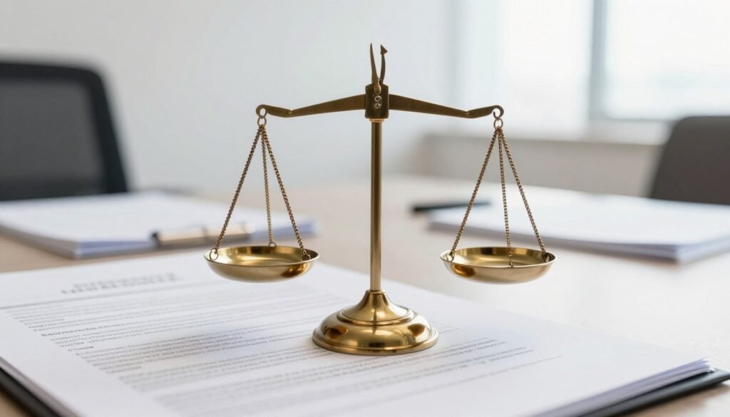 Balança da justiça sobre documentos de leis trabalhistas, iluminação clara e profissional, estilo corporativo brasileiro.