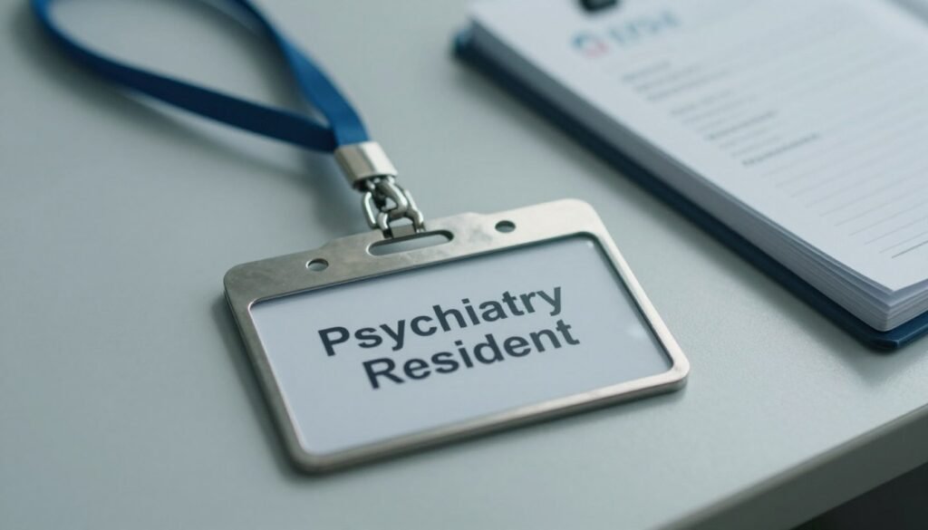 Close up of a medical ID badge for a 'Psychiatry Resident' resting on a hospital desk next to a notebook. Close up of a medical ID badge for a 'Psychiatry Resident' resting on a hospital desk next to a notebook.