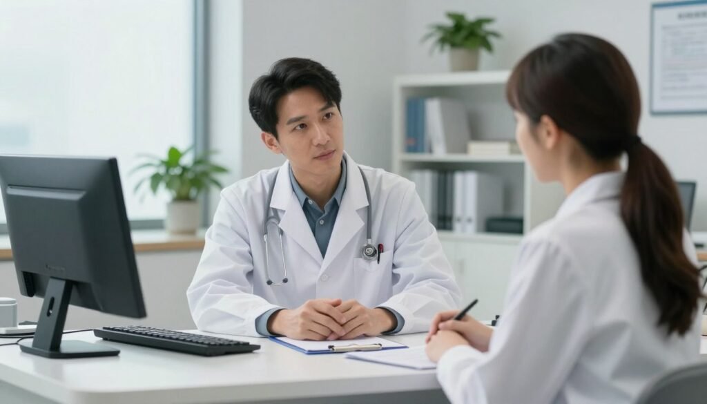 Consultation with a specialist doctor, medical desk, professional setting, caring and medical excellence vibe, ultra-realistic.