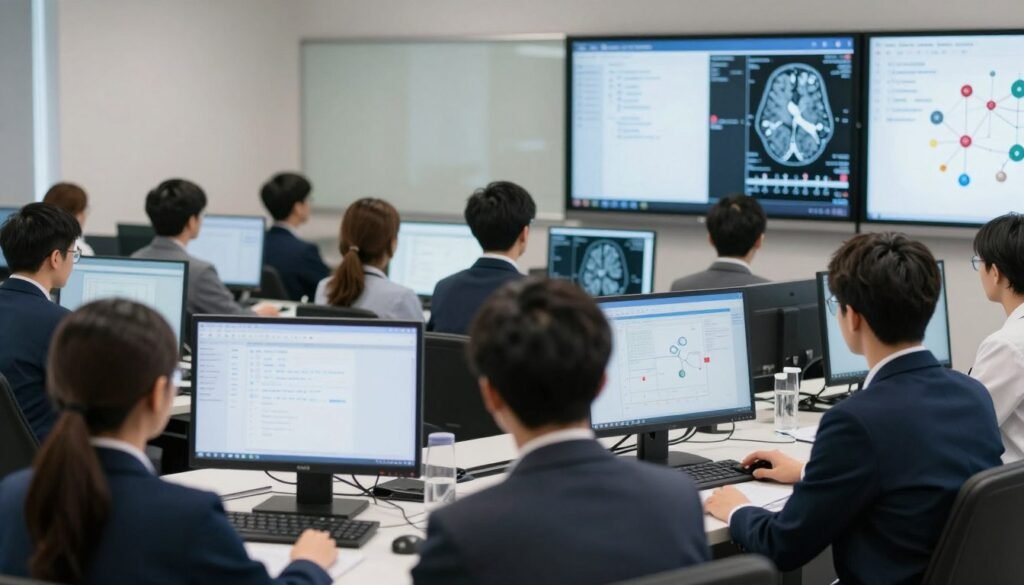 Estudantes de medicina em uma aula teórica de pós-graduação, focando em telas de computador que mostram exames de imagem cerebral e gráficos de farmacologia. Estudantes de medicina em uma aula teórica de pós-graduação, focando em telas de computador que mostram exames de imagem cerebral e gráficos de farmacologia.
