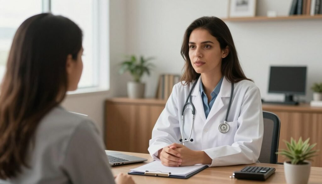 Fotografia profissional de uma médica especialista em saúde mental em Goiânia, em consultório moderno e acolhedor, conversando com empatia com um paciente, luz natural suave, alta resolução, 8k.