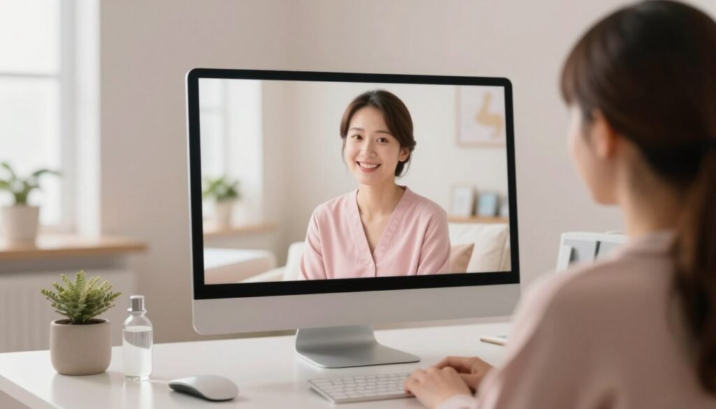 Imagem de alta qualidade mostrando um ambiente de consultório médico digital, com uma tela exibindo um atendimento acolhedor e humanizado, tons pastéis e iluminação suave para transmitir tranquilidade.
