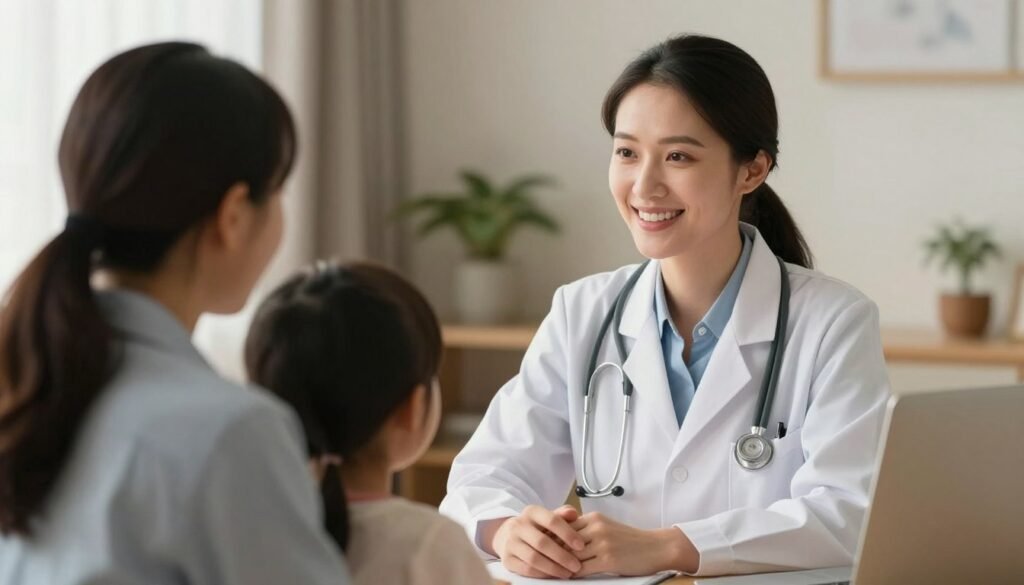 Imagem de uma consulta médica humanizada via telemedicina, mostrando uma médica sorridente em um ambiente acolhedor conversando com uma mãe e uma criança através da tela de um computador, tom suave e profissional.