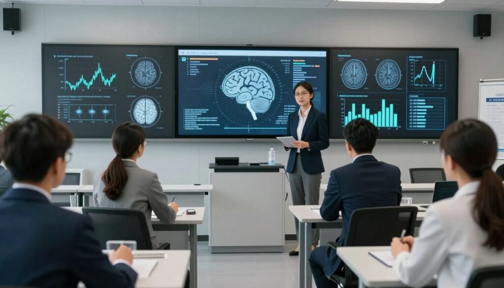 Imagem de uma sala de aula de pós-graduação médica com telas exibindo gráficos cerebrais e neurociência, ambiente de estudo sério e focado em tecnologia, iluminação equilibrada.