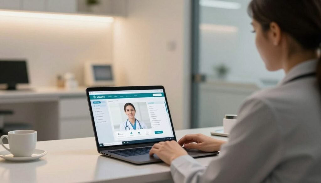 Imagem fotorealista de um consultório médico moderno e acolhedor, com foco em um laptop aberto exibindo uma plataforma de telemedicina segura, iluminação suave e quente, transmitindo uma sensação de paz e profissionalismo clínico humanizado.