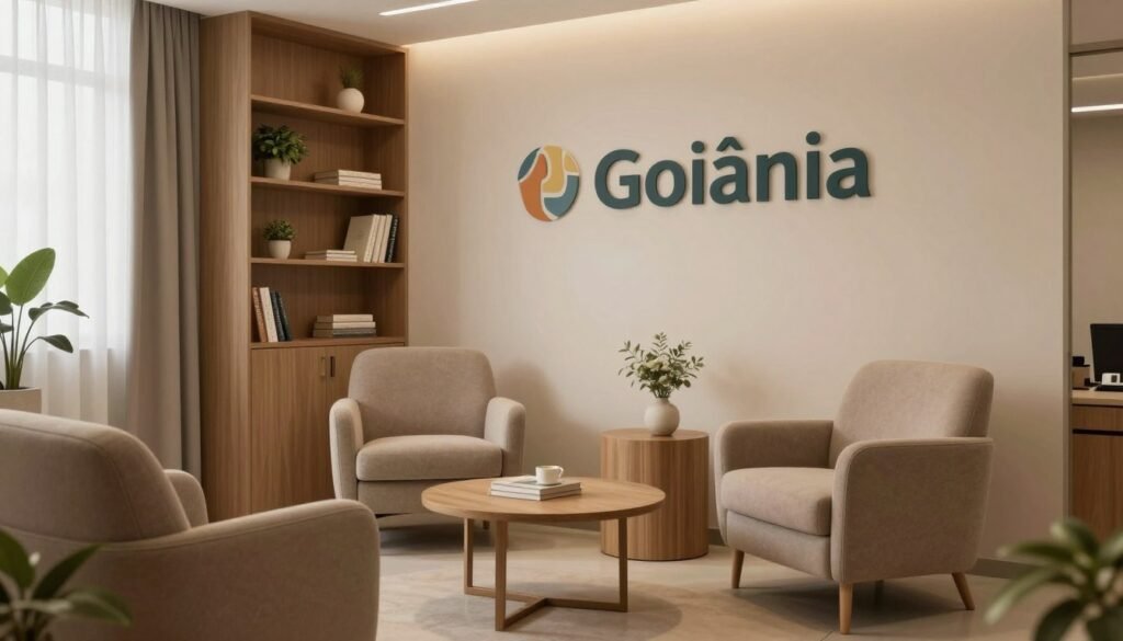 Imagem realista de um consultório de psiquiatria moderno e acolhedor em Goiânia, com iluminação suave, poltronas confortáveis e uma atmosfera de paz, estilo fotografia profissional.