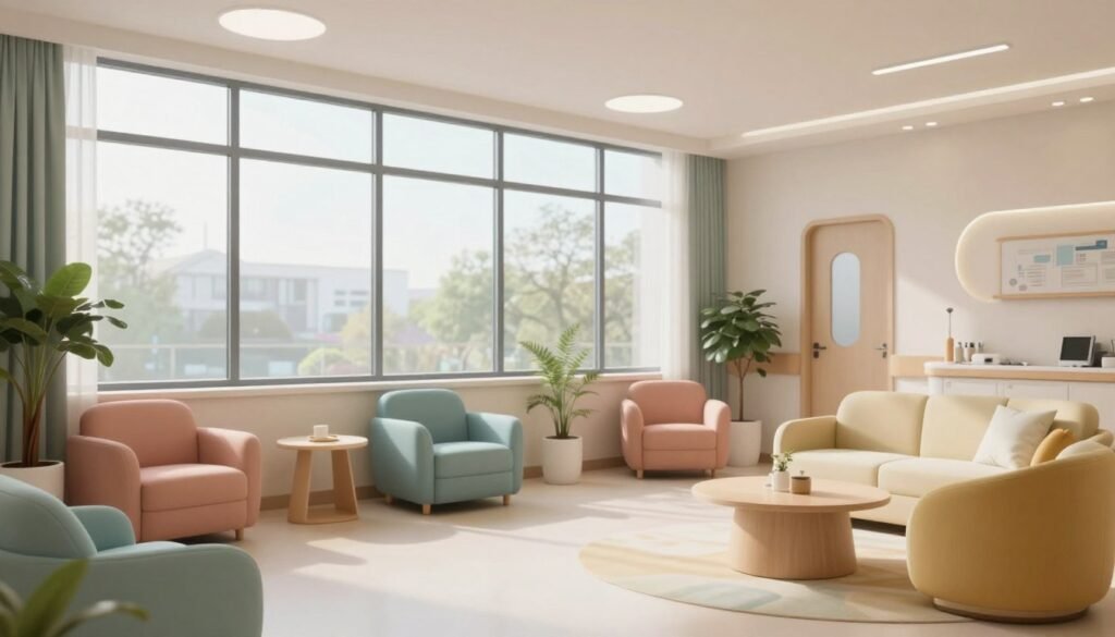 Interior de um hospital psiquiátrico moderno e humanizado, com janelas amplas, luz natural suave, decoração em tons pastéis e móveis confortáveis, transmitindo uma sensação de clínica de repouso e segurança.