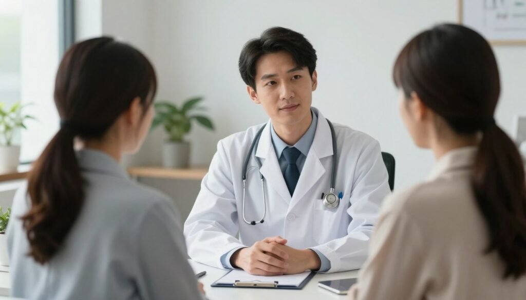 Médica com expressão acolhedora e empática atende um paciente em um consultório iluminado e confortável, estilo fotografia profissional de alta resolução, transmitindo calma e segurança.