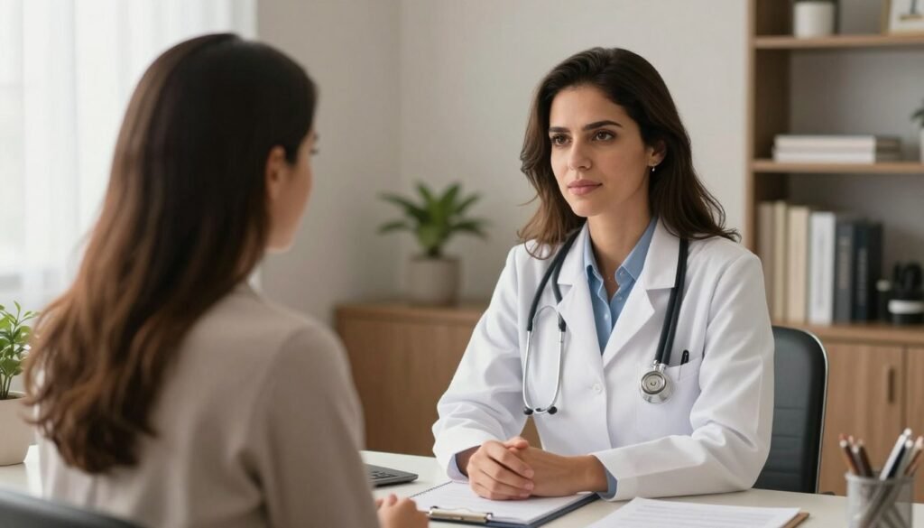 Médica psiquiatra humanizada em consultório acolhedor em Goiânia, Dra. Helloyze Ferreira Ancelmo atendendo paciente com empatia, ambiente profissional e tranquilo, iluminação suave, estilo fotografia médica moderna.
