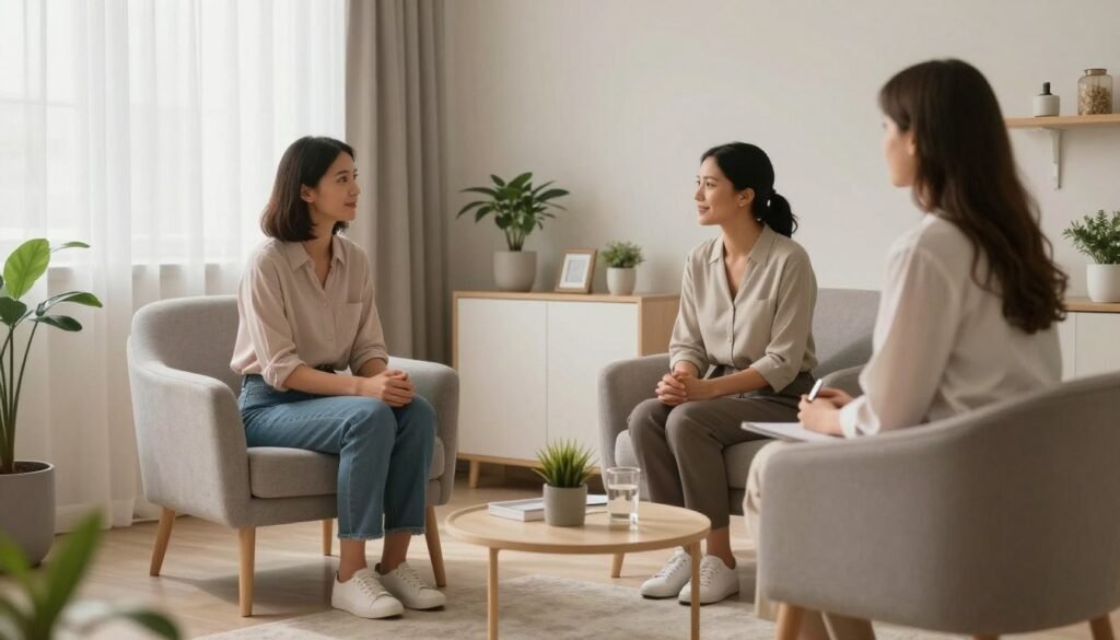 Professional and warm consultation room of a mental health specialist in Goiânia, soft natural lighting, comfortable armchairs, modern and clean decor, representing safety and empathy, 4k.