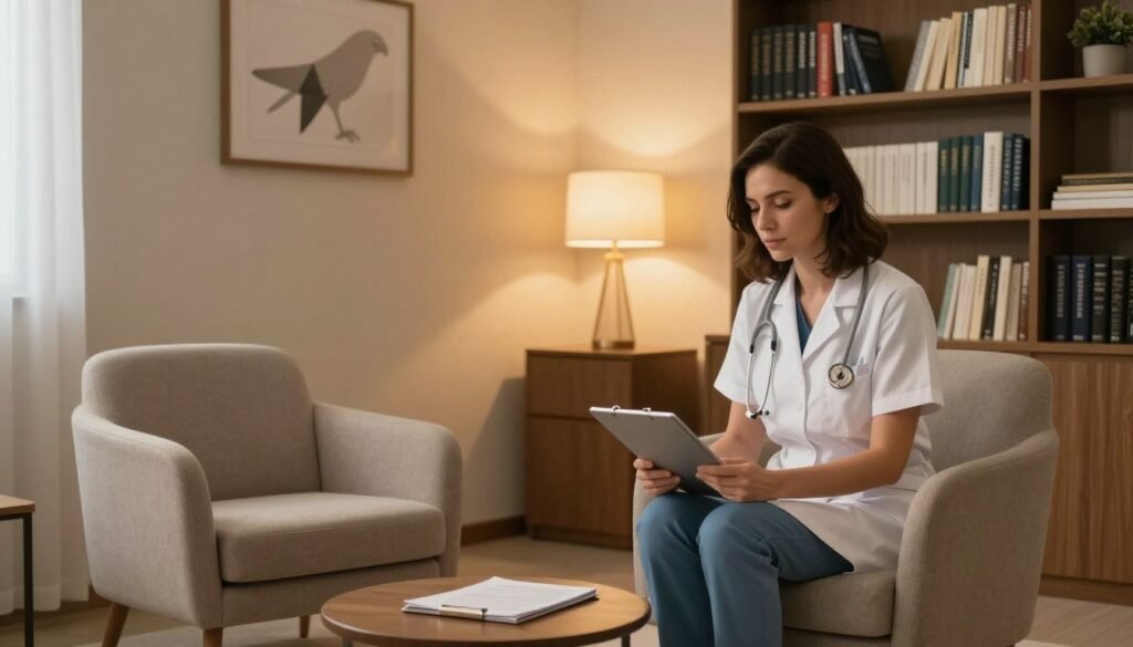 Professional high-quality photography of a modern and welcoming medical office in Goiânia, featuring soft warm lighting, comfortable armchairs for therapy, and a shelf with medical books, symbolizing specialized care for bipolar disorder.