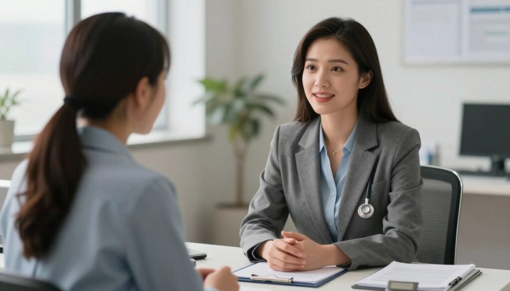 Realistic 3D medical consultation, a friendly female psychiatrist talking to a patient in a bright office, empathetic atmosphere, cinematic lighting, high quality.