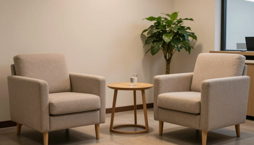 Realistic photo of a cozy and modern medical office for mental health, with soft warm lighting, two comfortable beige armchairs facing each other, a small wooden table with a glass of water, and a green plant in the corner, conveying a sense of peace and safety.