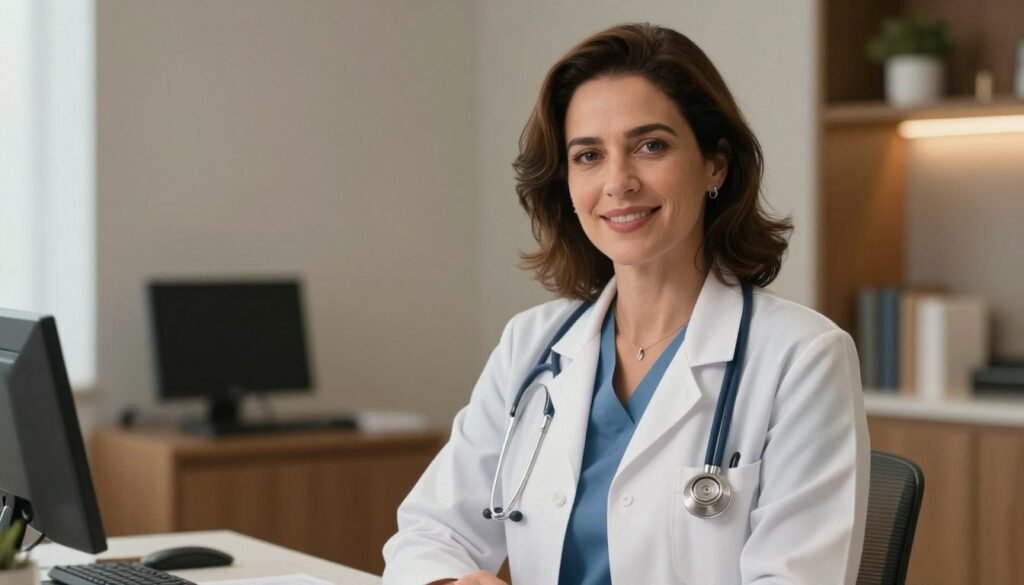 Realistic portrait of Dra. Helloyze Ferreira Ancelmo, a friendly female doctor in a modern and cozy medical office, soft warm lighting, professional atmosphere, empathetic expression, high quality photography. Realistic portrait of Dra. Helloyze Ferreira Ancelmo, a friendly female doctor in a modern and cozy medical office, soft warm lighting, professional atmosphere, empathetic expression, high quality photography.