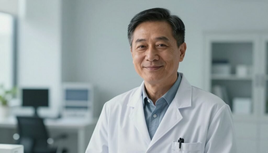 Retrato profissional de uma médica com sorriso gentil, usando jaleco branco, em um ambiente clínico moderno e acolhedor, olhar receptivo, alta qualidade.
