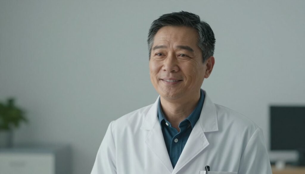 Retrato profissional de uma médica especialista em saúde mental, com expressão empática e acolhedora, vestindo jaleco em um ambiente clínico clean.