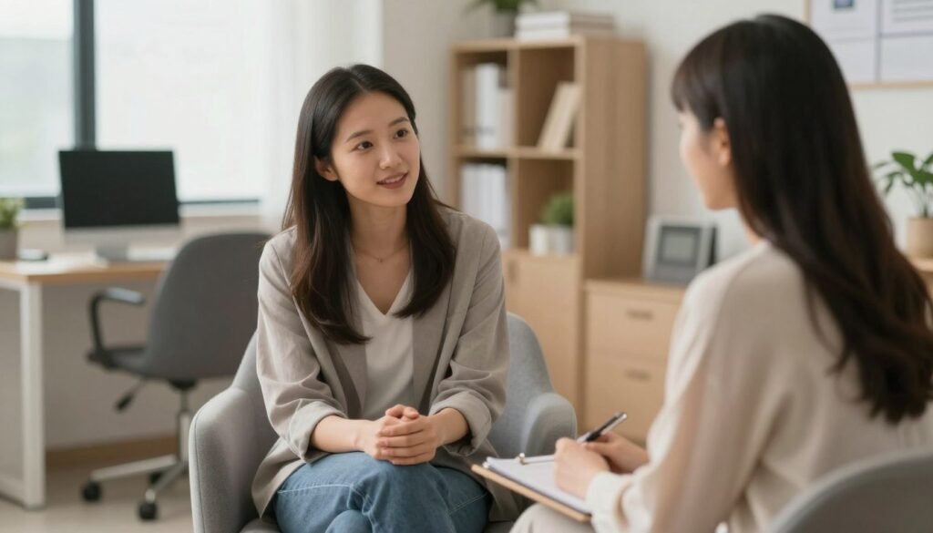 Therapy session concept, two people talking comfortably in modern office, empathetic atmosphere, soft colors, high quality photography.