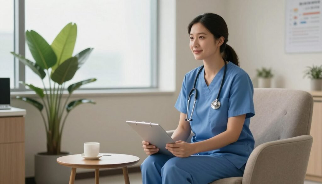 Um consultório médico moderno e acolhedor, com luz natural suave, uma planta decorativa e uma poltrona confortável, transmitindo uma atmosfera de paz, segurança e cuidado profissional humanizado.