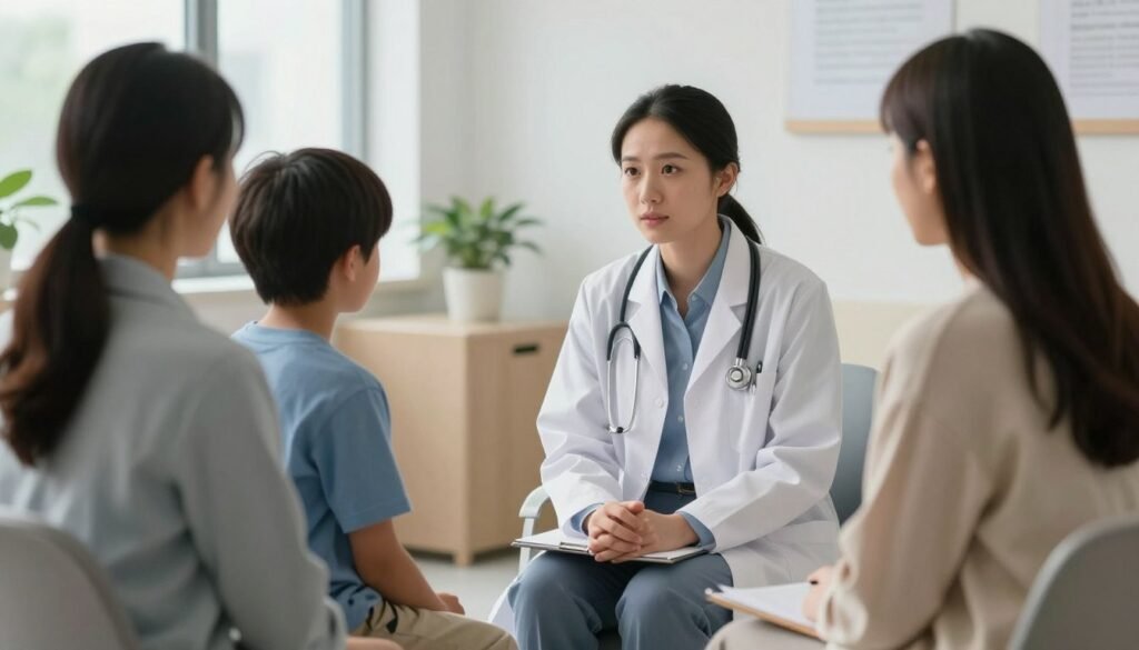 Um consultório médico moderno e acolhedor, onde um psiquiatra atencioso conversa com um jovem adolescente e seus pais, transmitindo segurança e esperança, estilo cinematográfico, luz natural suave.