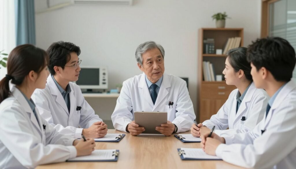 Um grupo de médicos residentes em um hospital, usando jalecos, discutindo um caso clínico com um preceptor experiente em uma sala de reuniões confortável. Um grupo de médicos residentes em um hospital, usando jalecos, discutindo um caso clínico com um preceptor experiente em uma sala de reuniões confortável.