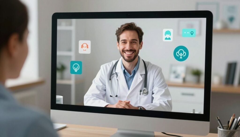 Um monitor de computador exibindo uma médica psiquiatra sorridente e acolhedora em uma consulta online, com ícones flutuantes de bem-estar mental e calma ao redor.