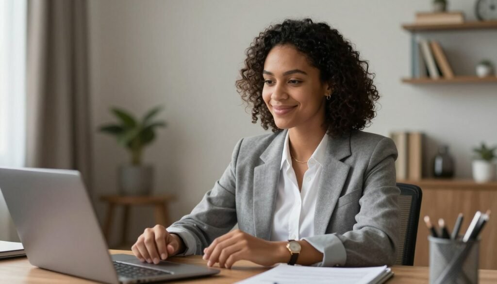 Uma cena acolhedora de uma pessoa brasileira em seu escritório doméstico, sorrindo levemente durante uma videochamada no notebook com uma médica atenciosa. A iluminação é suave e transmite calma, com foco na conexão humana e no suporte profissional através da tela.